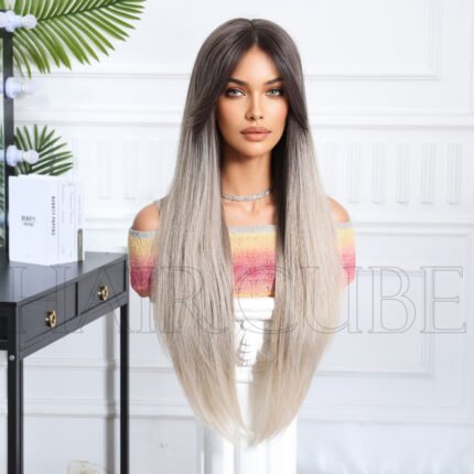 Long Straight Wig Headgear Gradient lace front wig side view - WigBloom