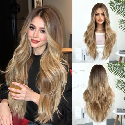 Camel color Golden Gradient Dye Wig Headgear Me lace front wig front view - WigBloom