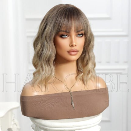 Dyed brown neat bangs shoulder-leng lace front wig side view - WigBloom