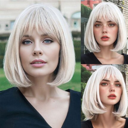 Bobo Head Wig Women Bang Bobo Head Beige Short Hair Wig Full Head Cover - Short Bob Synthetic Wig