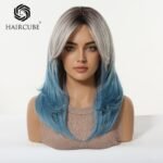 Gradient blue Wig Women's Blue and White Gradient lace front wig side view - WigBloom