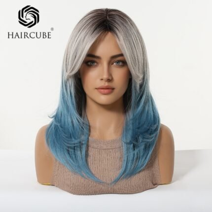 Gradient blue Wig Women's Blue and White Gradient lace front wig side view - WigBloom