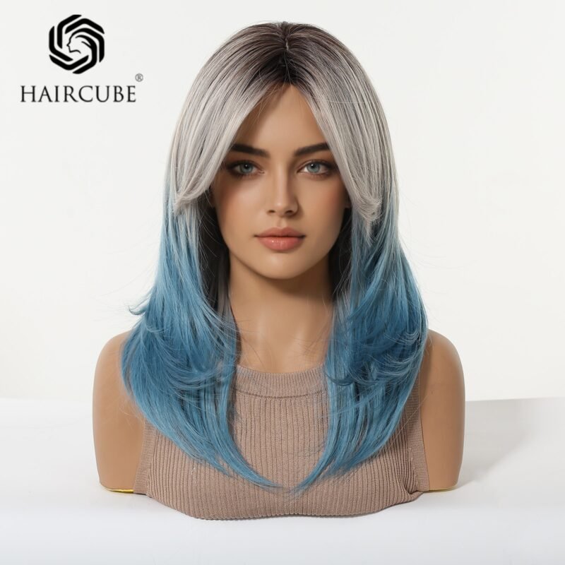 Gradient blue Wig Women's Blue and White Gradient lace front wig side view - WigBloom