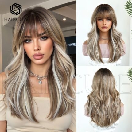 wig long curly hair new brown highlights neat bangs long curly hair mechanism chemical fiber headgear - Heat Resistant Synthetic Curly Wig
